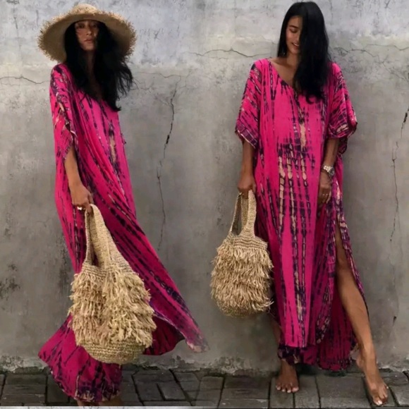 New Bohemian Kaftan Maxi Dress Swim Cover - Picture 2 of 3
